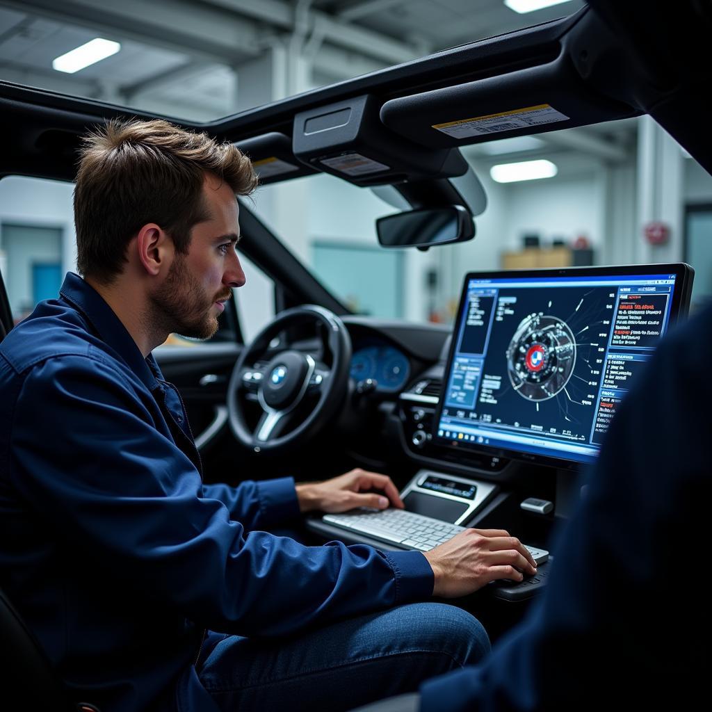 Technician Performing Remote Diagnostics on a BMW