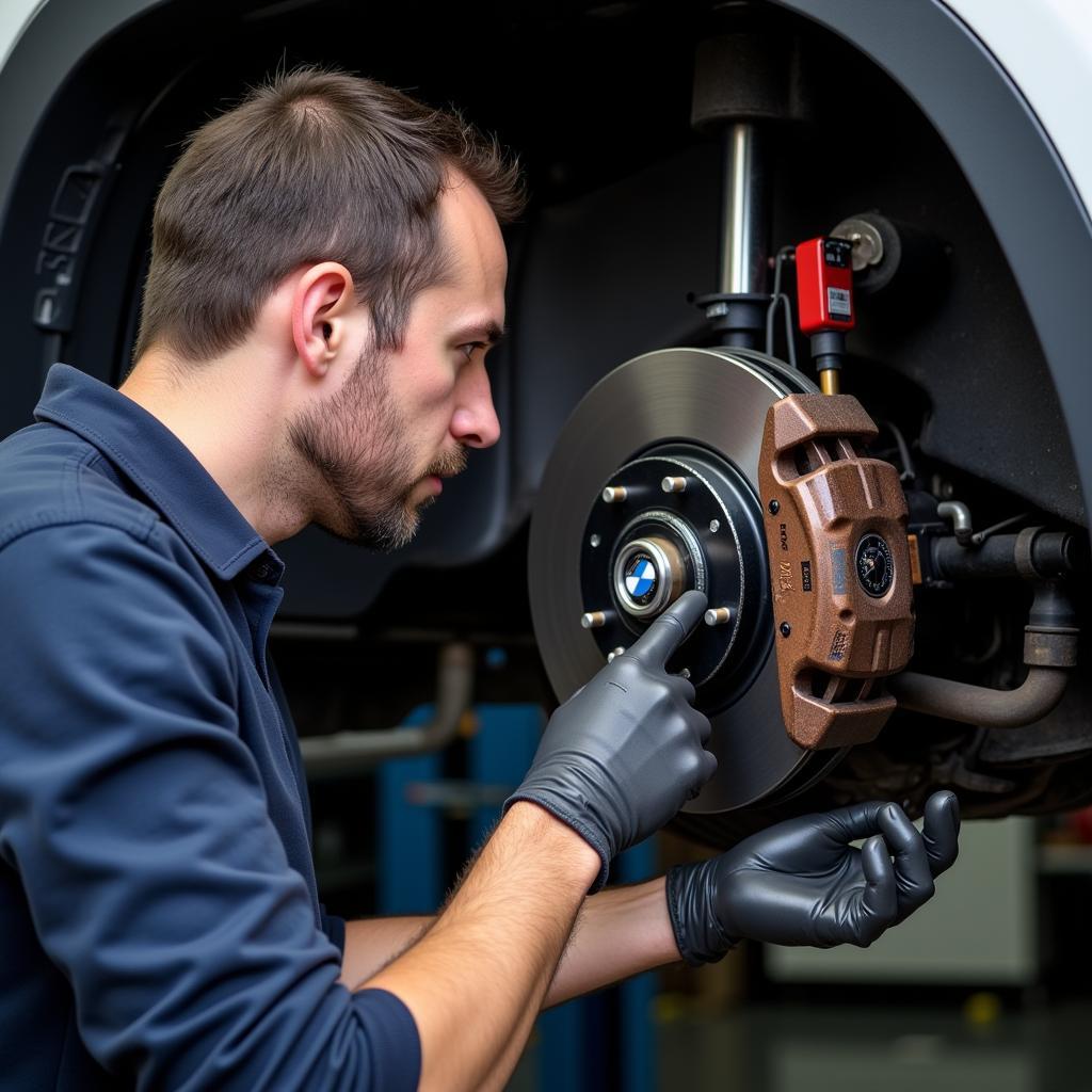 Mechanic Inspecting BMW X1 Parking Brake System