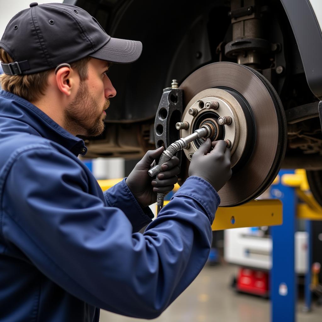 Mechanic Inspecting Brake Caliper Actuator