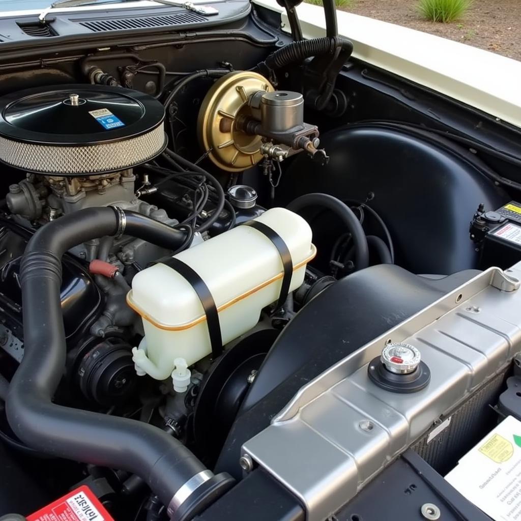 Brake Fluid Reservoir in a 1969 Pontiac Firebird Engine Bay