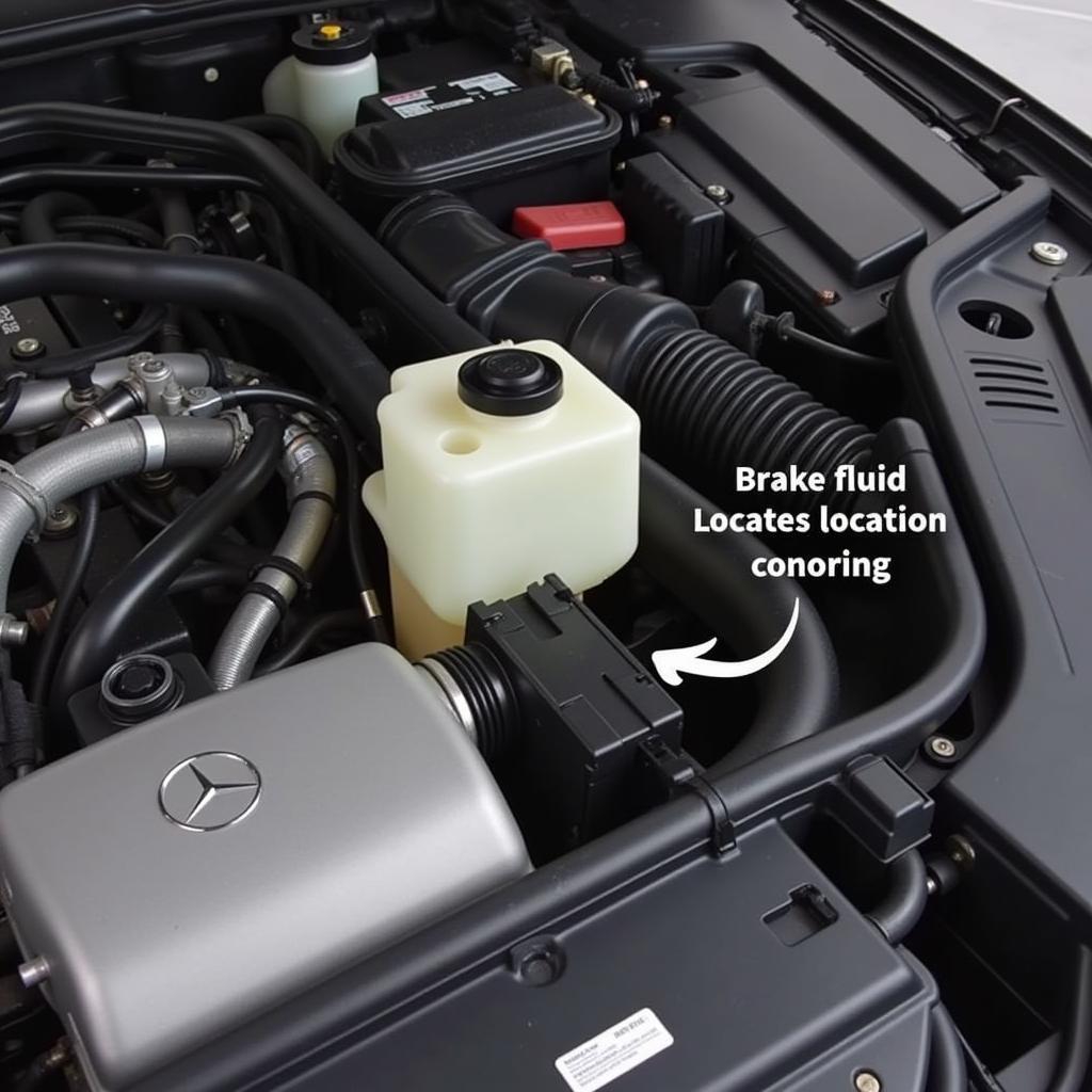 Brake fluid reservoir in the engine bay of a Mercedes E500