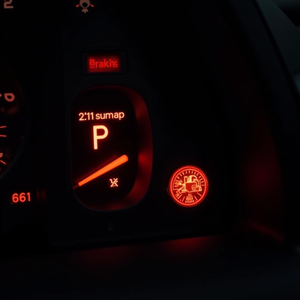 Car Dashboard with Brake Light and Battery Light On