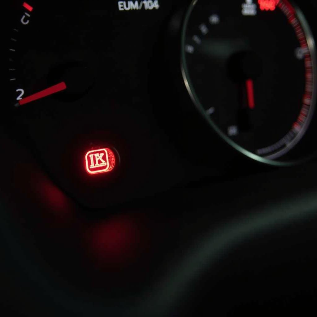 Brake warning light illuminated on a car dashboard