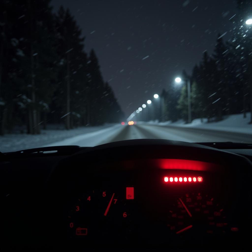 Car dashboard with brake warning light illuminated in snowy conditions