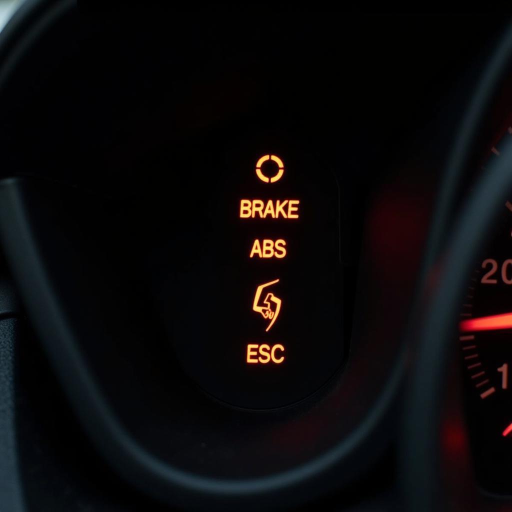 Car dashboard with multiple brake warning lights illuminated