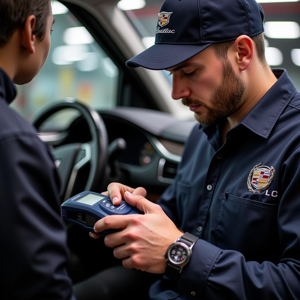 Cadillac Technician Diagnosing Vehicle