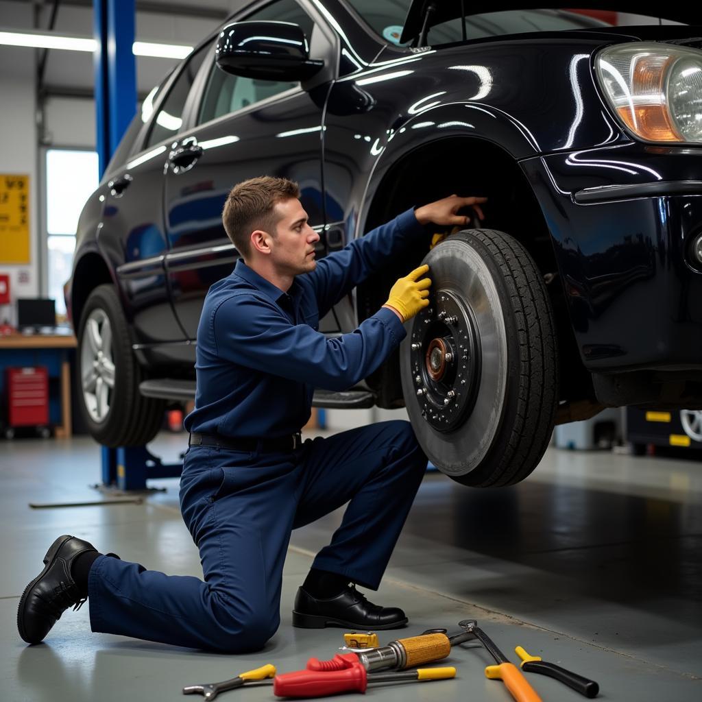 Mechanic Inspecting Car Brakes