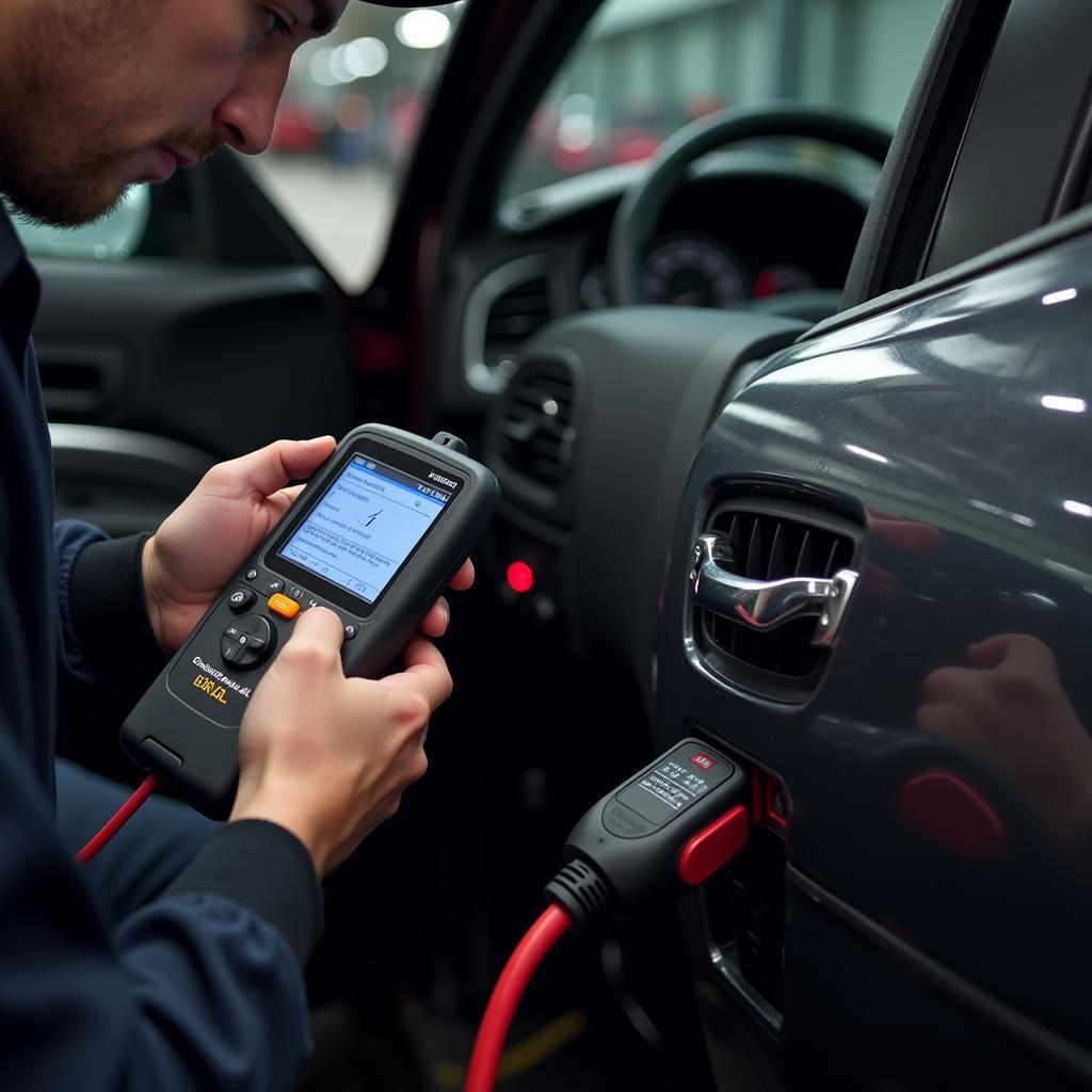 Mechanic Using Diagnostic Equipment on a Car