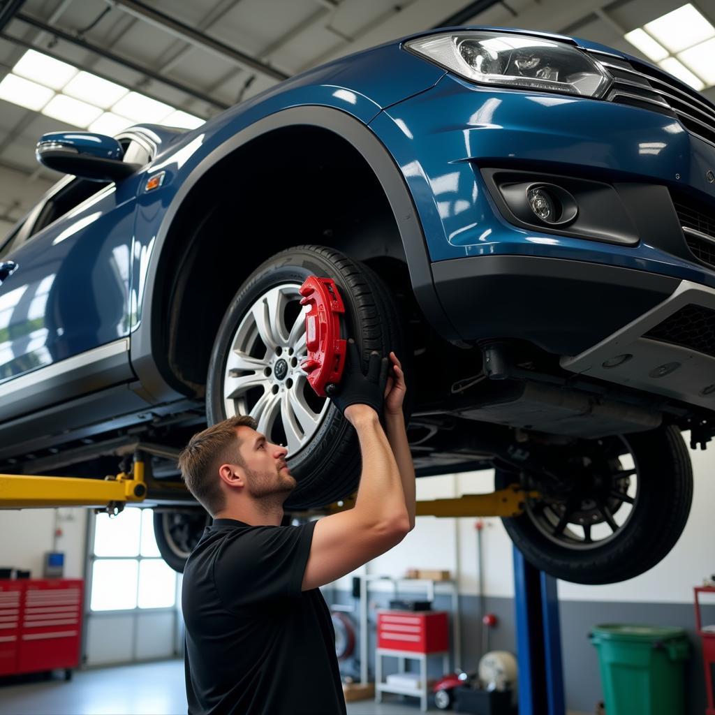 Mechanic Inspecting Car Brakes on a Lift