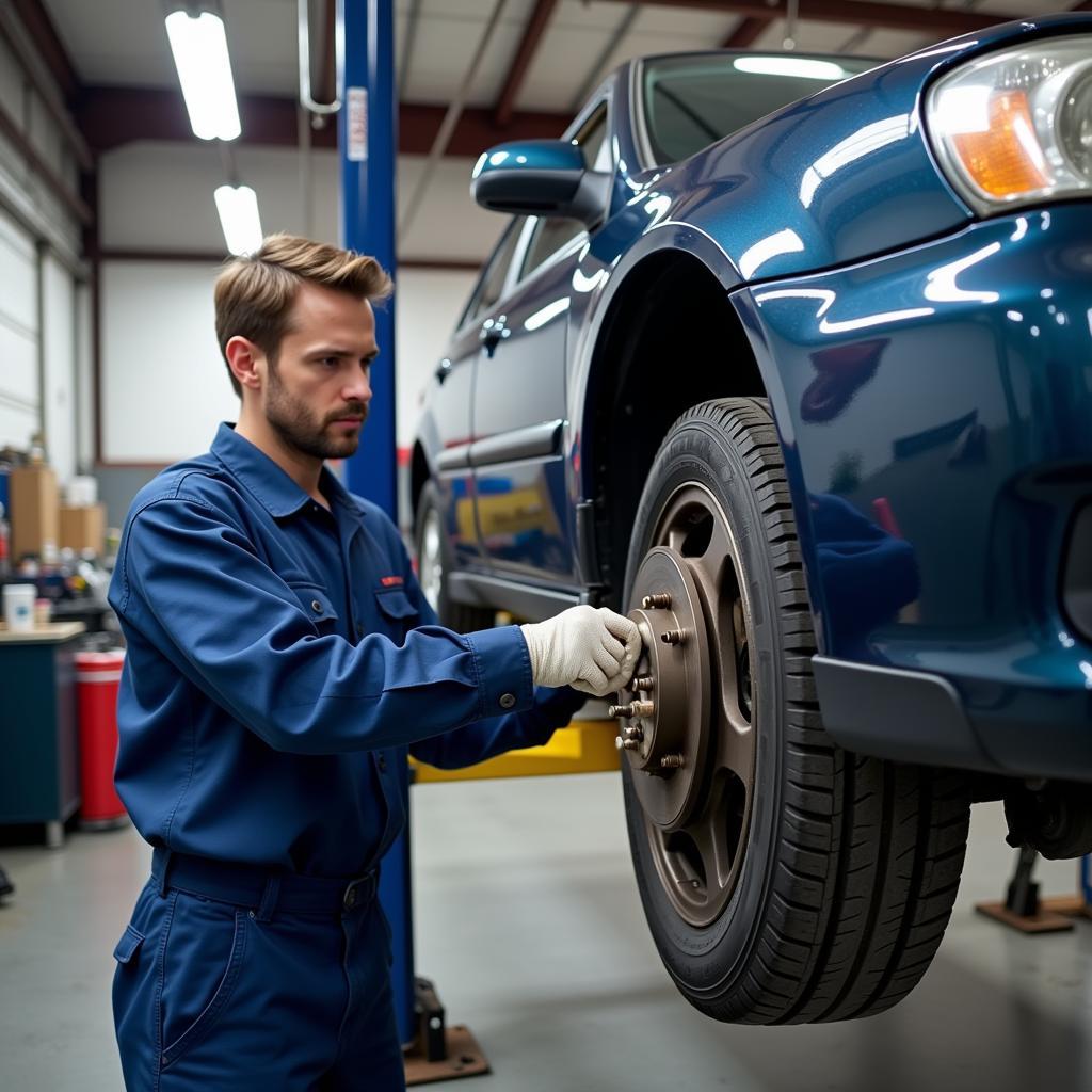 Car Undergoing Brake Inspection on a Lift