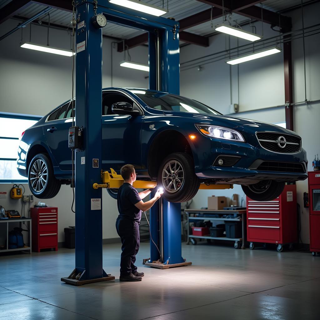 Car on a lift for brake inspection at a mechanic shop