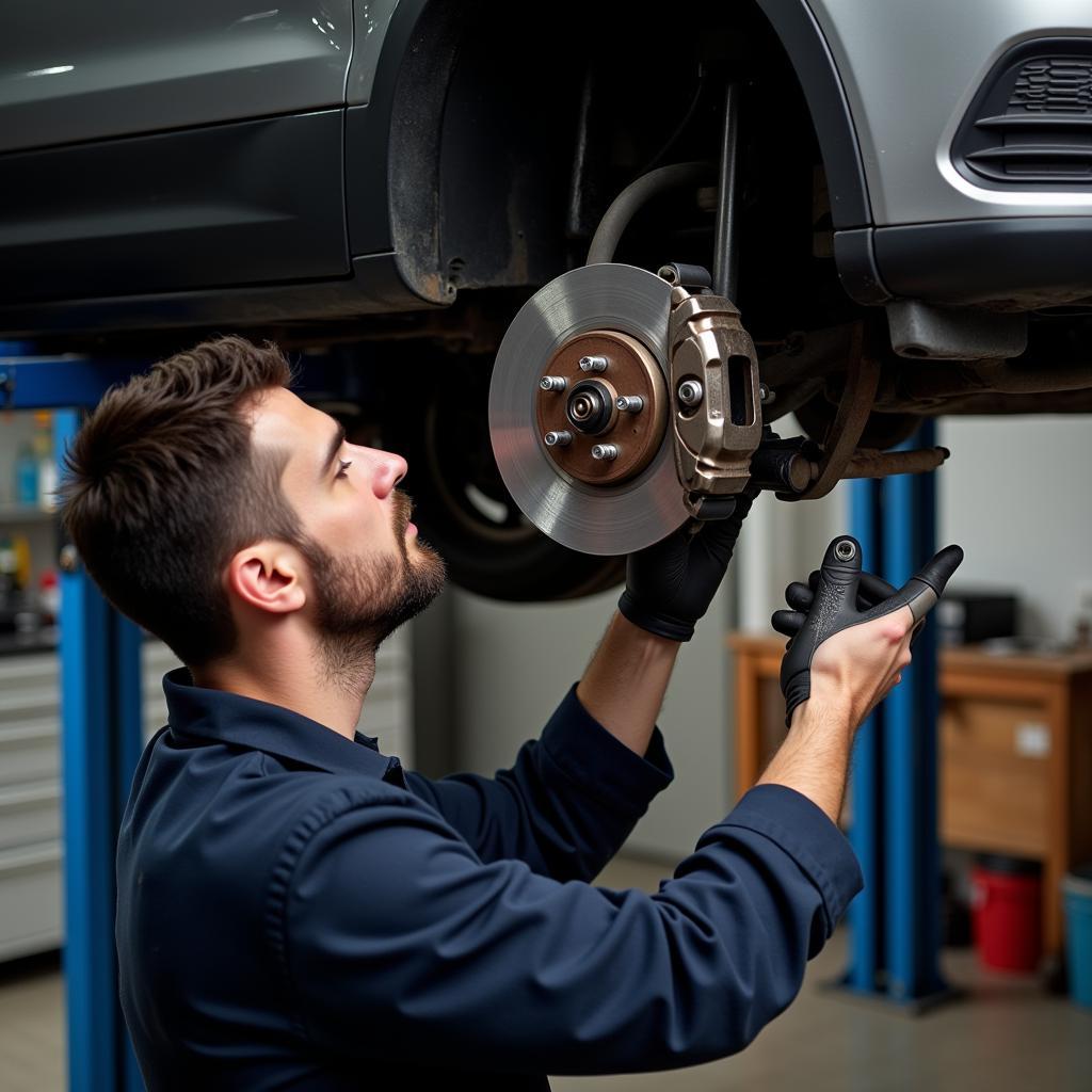 Mechanic Inspecting Brakes of a Car on a Lift