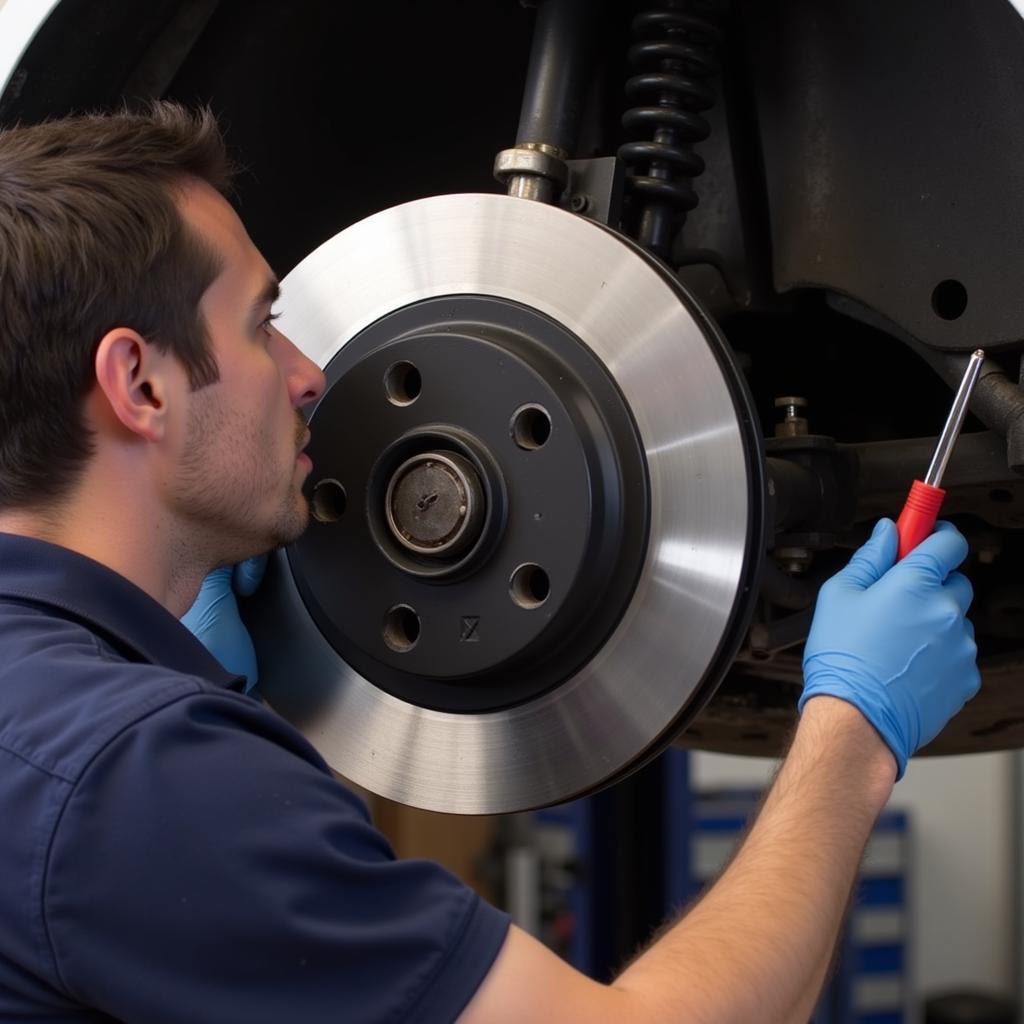 Mechanic Inspecting 2010 Audi A4 Brake Pads