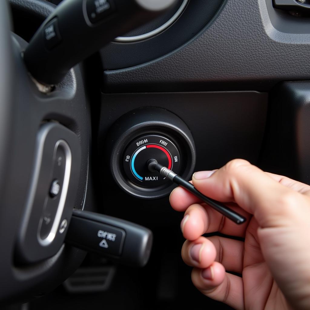 Person checking the brake fluid level in an Audi A1