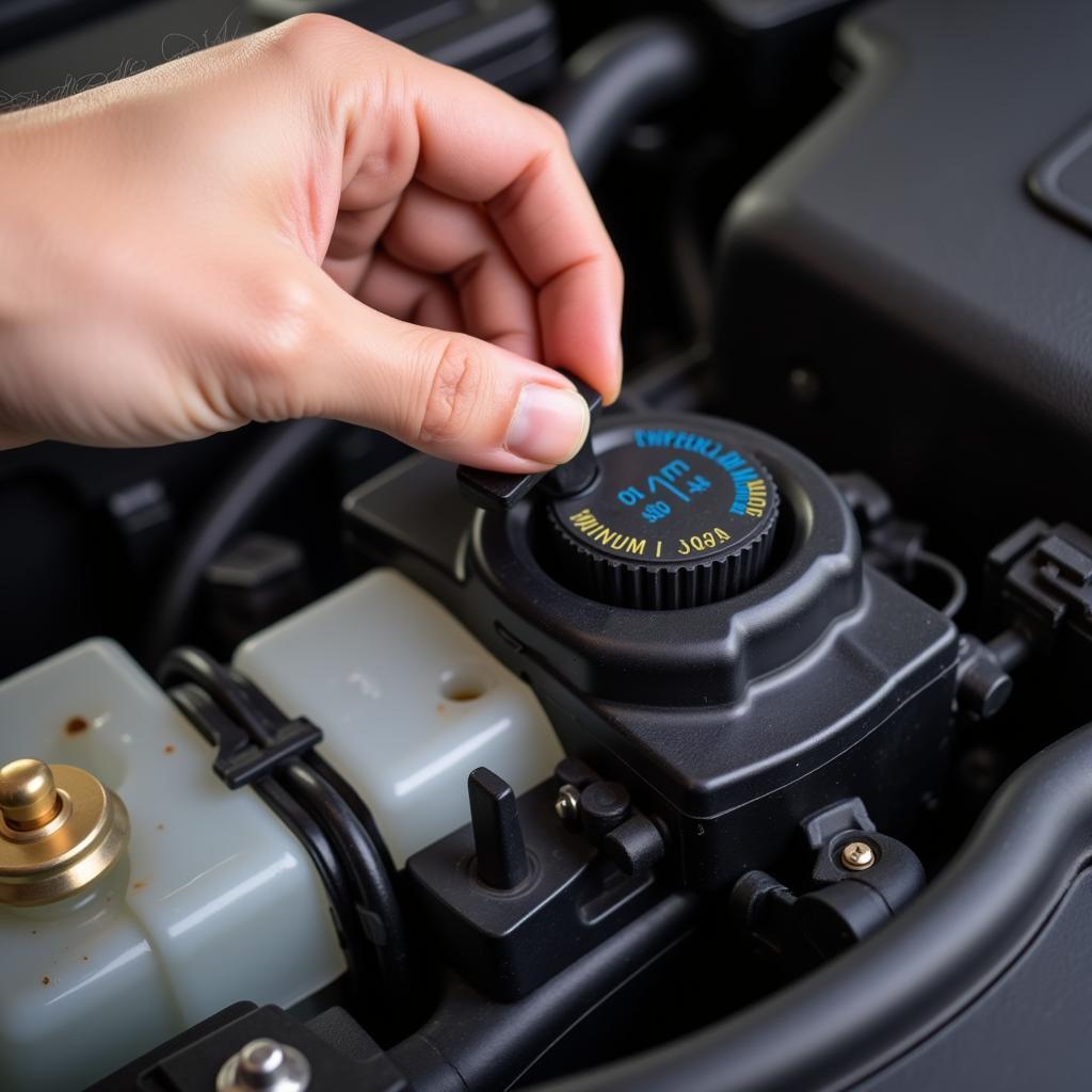 A person checking the brake fluid level in a BMW engine bay.