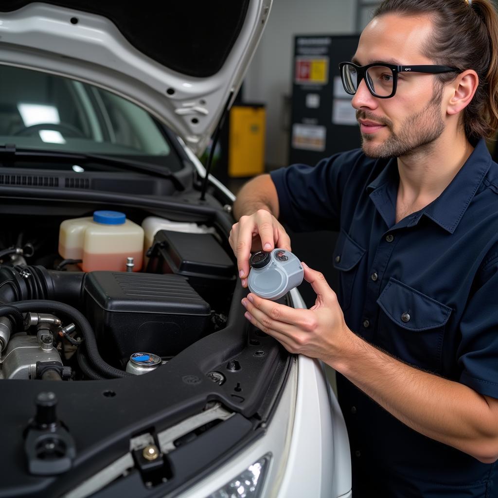 Mechanic Checking Brake Fluid Level in a 2003 Volkswagen Passat