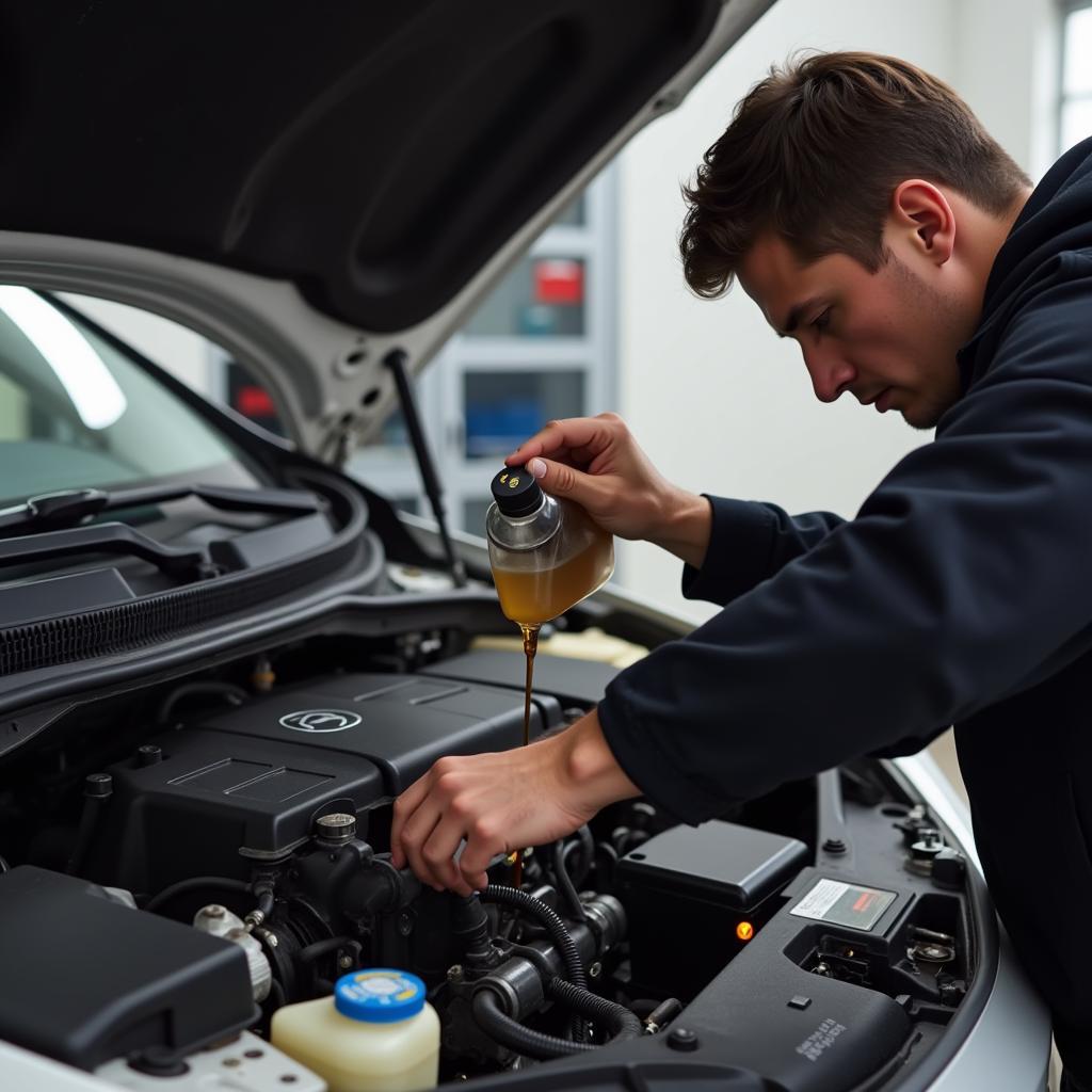 Mechanic checking brake fluid reservoir