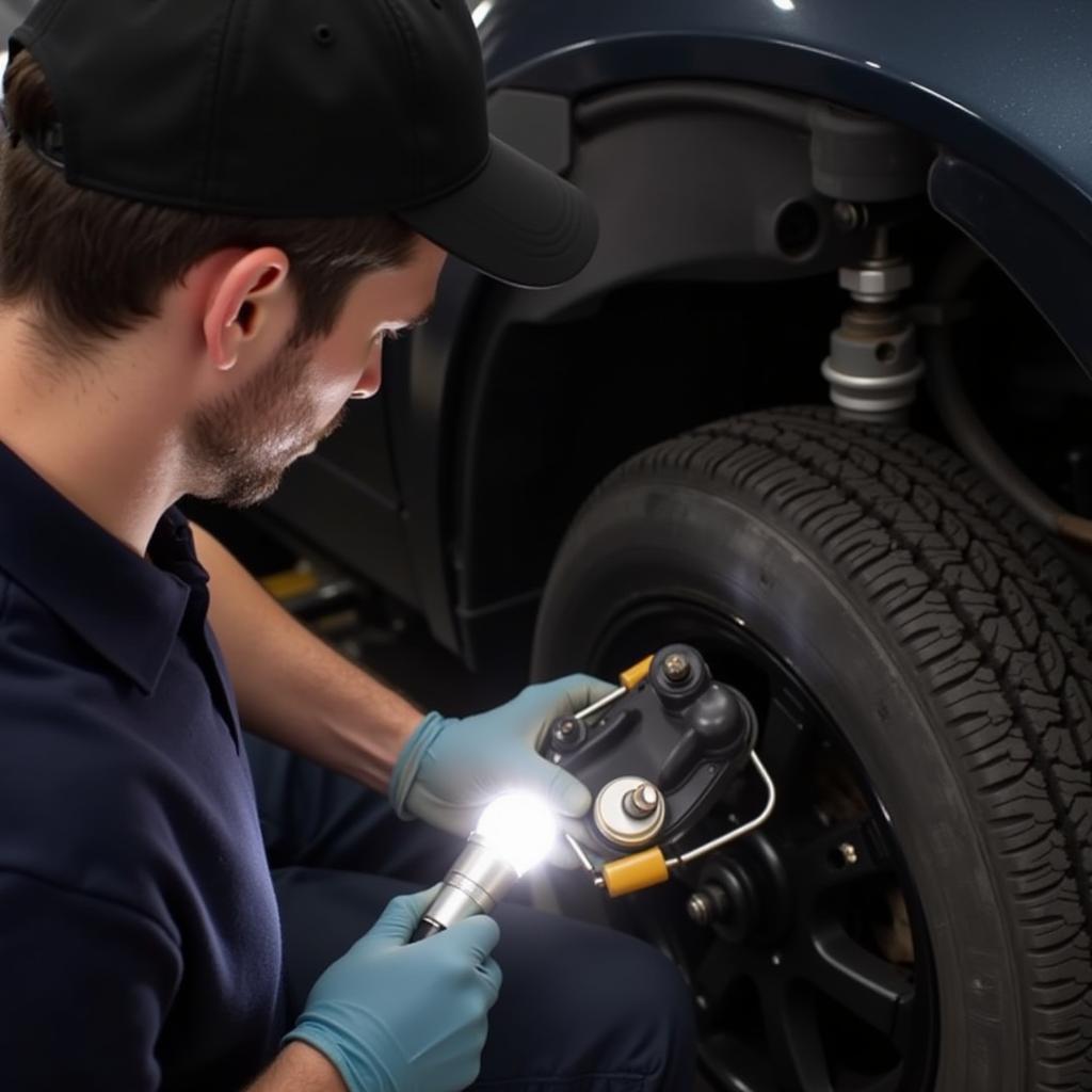 Mechanic Checking Brake Fluid Level in a 2001 Chevy Tracker