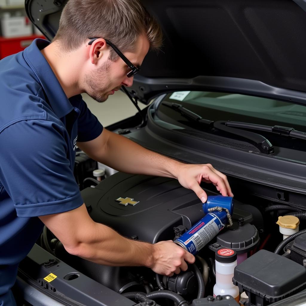 Mechanic Checking Brake Fluid in a Chevy Cobalt