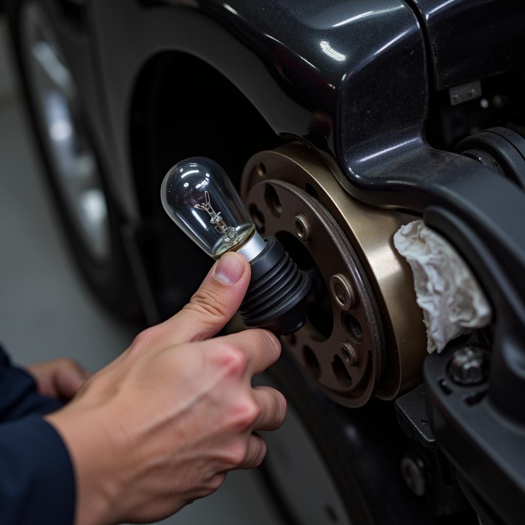 Mechanic checking a car brake light bulb