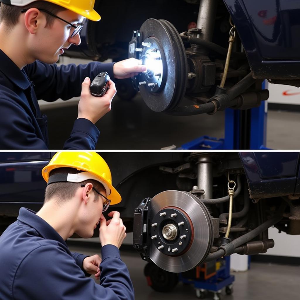 A person inspecting the brake pads on a Ford F-150