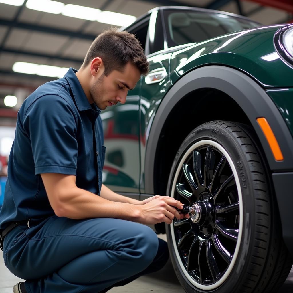 Mechanic checking brake fluid in a Mini Cooper