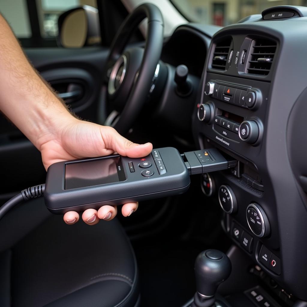 A mechanic using a diagnostic scanner on a Jeep Renegade