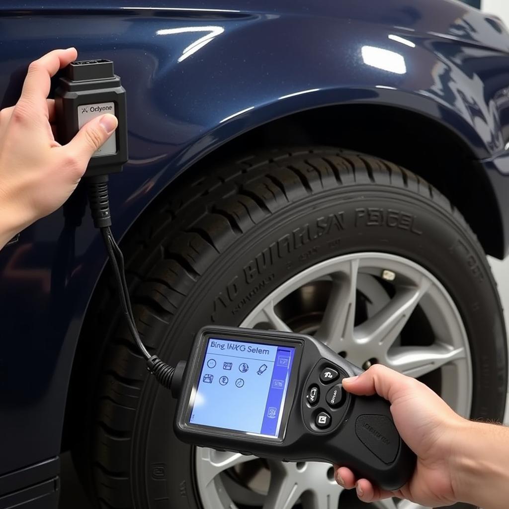 Mechanic Using a Diagnostic Scanner to Reset Brake Warning Light