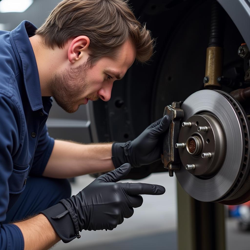 Mechanic Inspecting Ford Escape Brakes