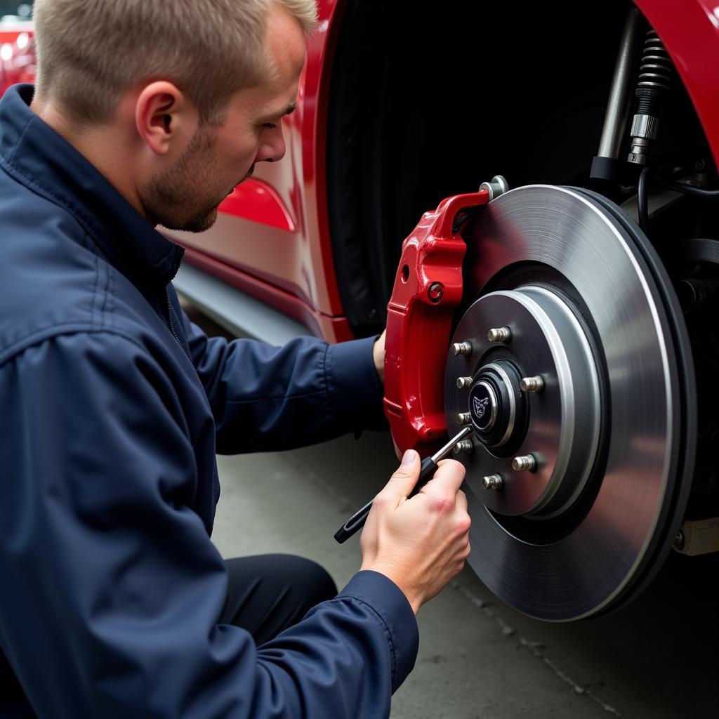 Mechanic Inspecting Brakes on a Ford Mustang