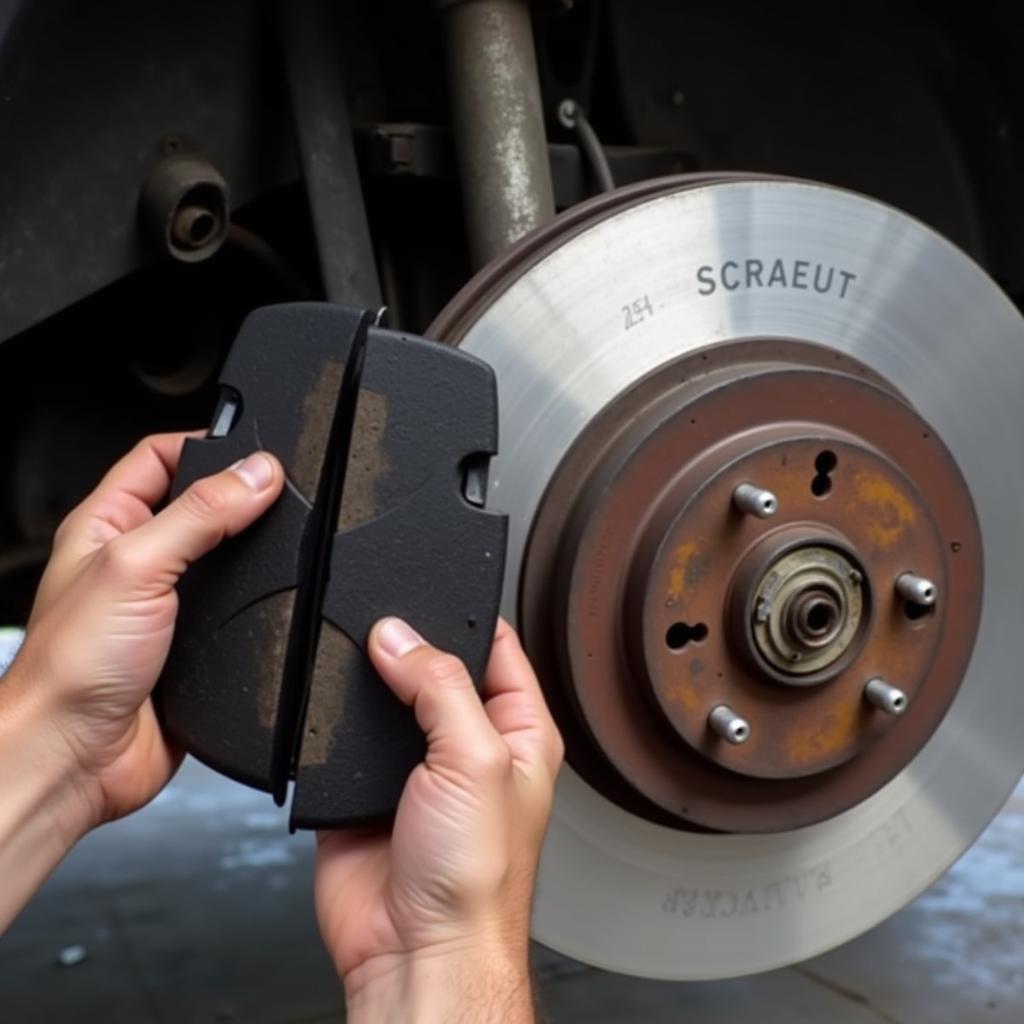 Close-up of worn brake pads on a Ford Transit.