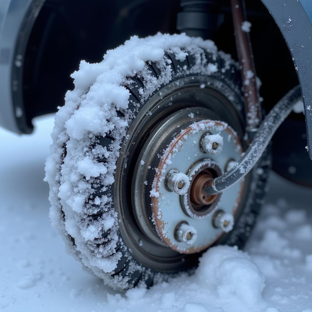 Close-up of frozen brake lines on a car