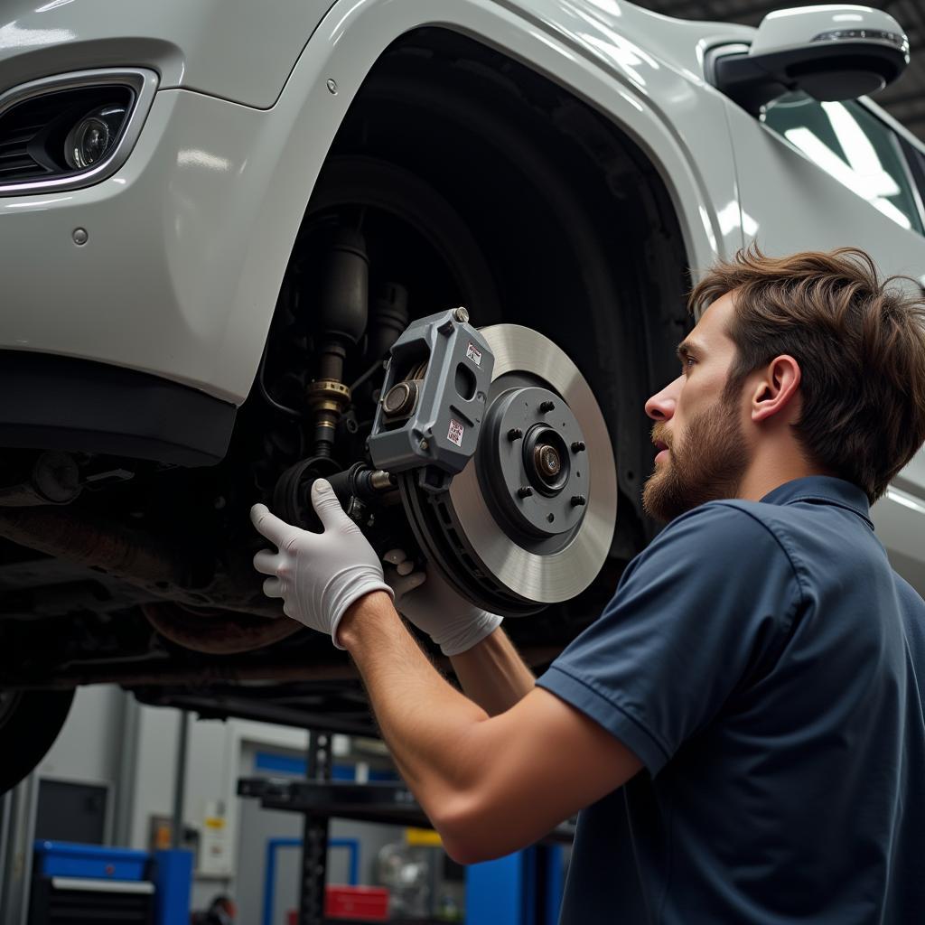 Mechanic Inspecting GMC Acadia Brakes