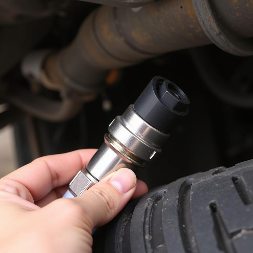 Mechanic inspecting a vehicle speed sensor on a GMC.