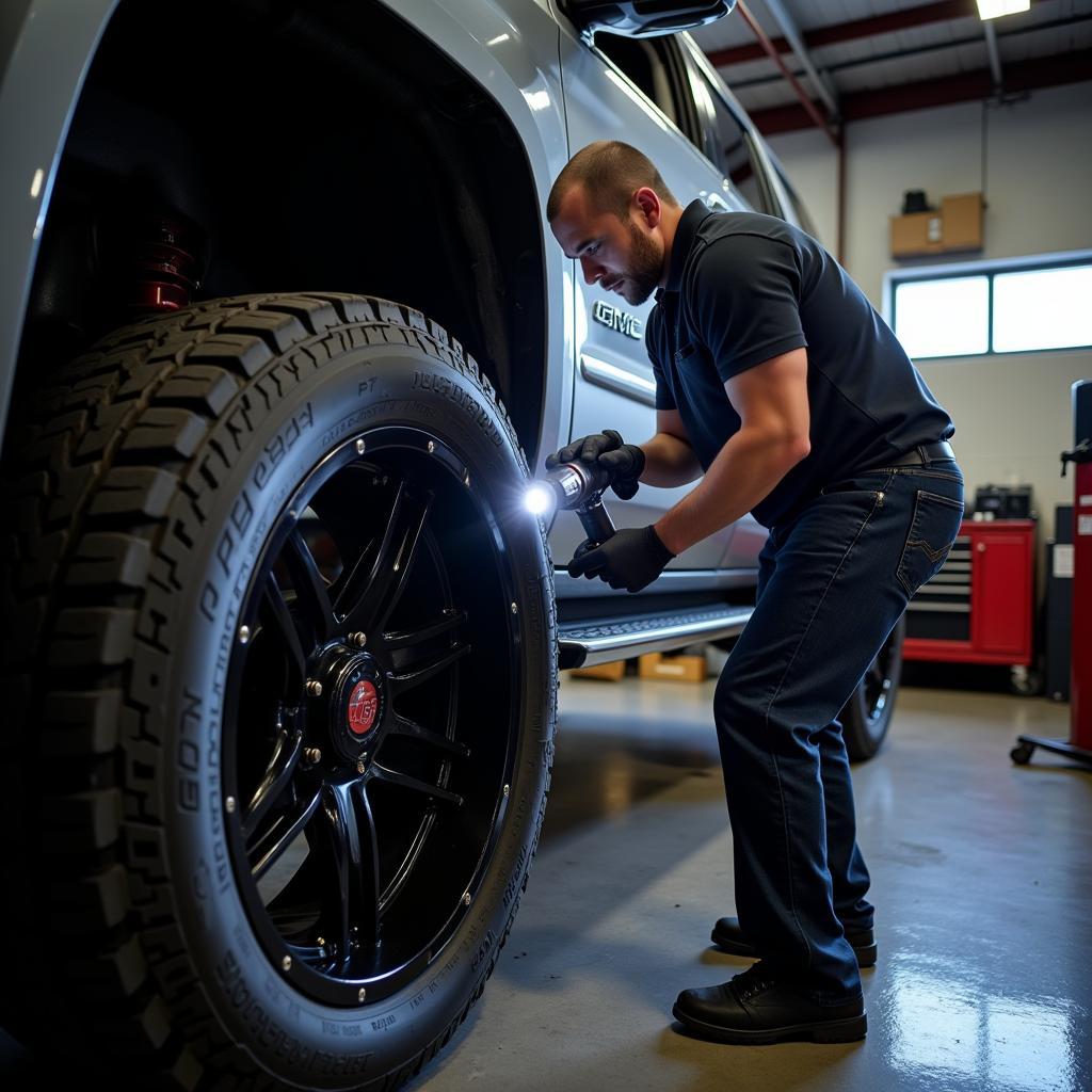 Mechanic Inspecting GMC Yukon Brake System