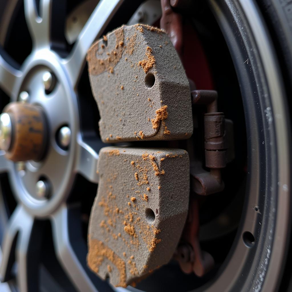 Worn brake pads on a Golf R showing significant wear and tear requiring replacement