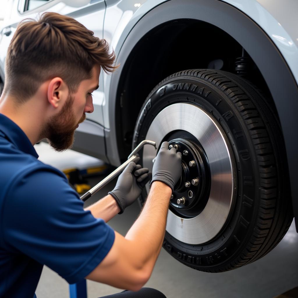 Mechanic Inspecting Hyundai Santa Fe Brakes