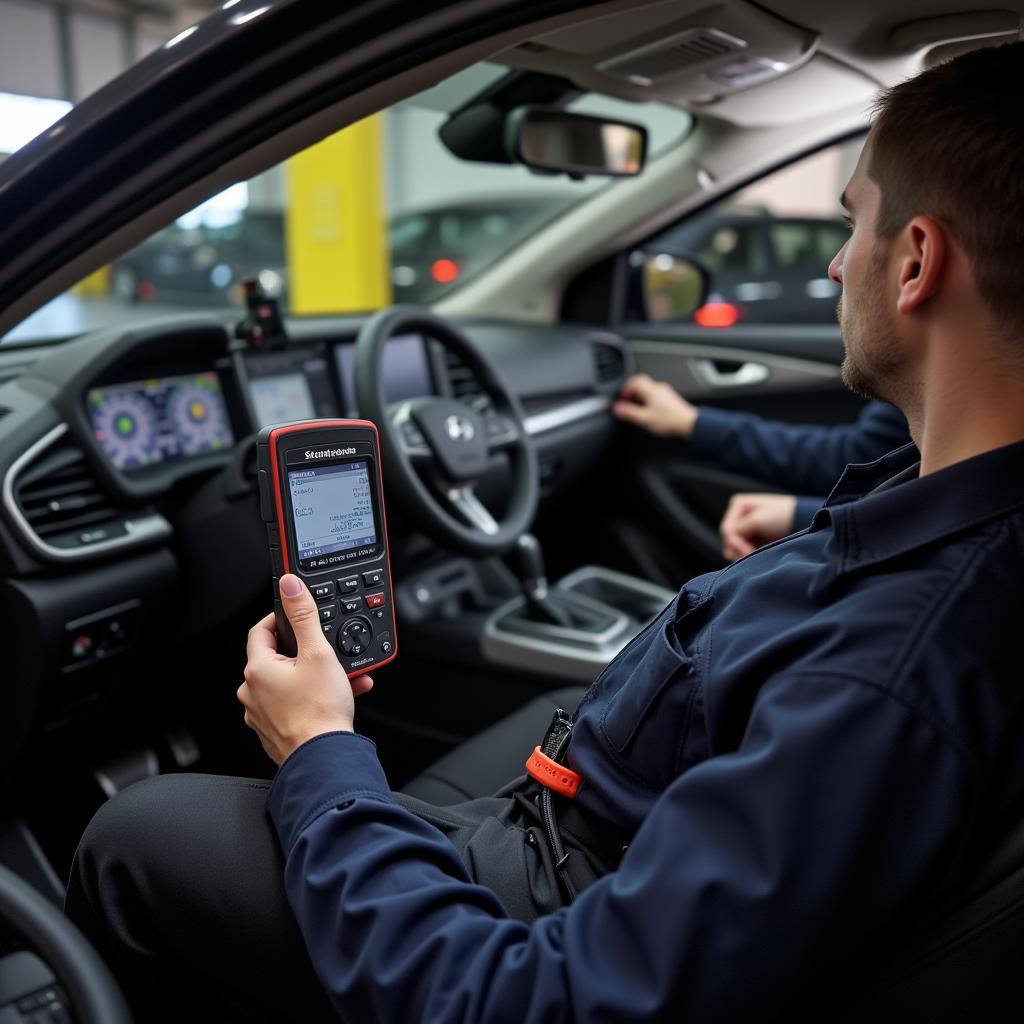 Hyundai Technician Diagnosing Seat Belt Issue with Diagnostic Tool