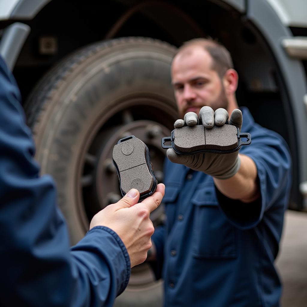 Mechanic inspecting Iveco brake pads