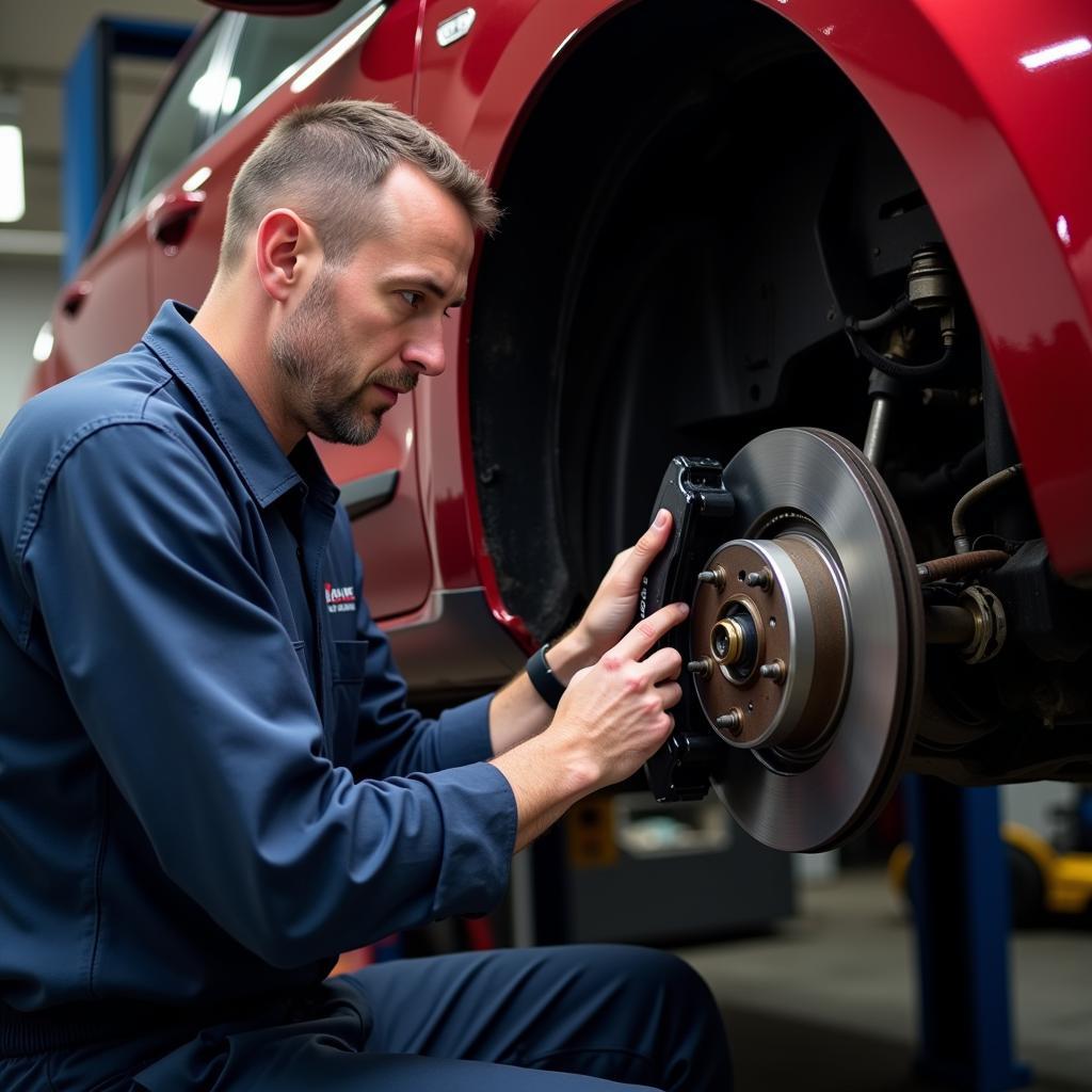 Mechanic Inspecting Kia Rondo Brakes