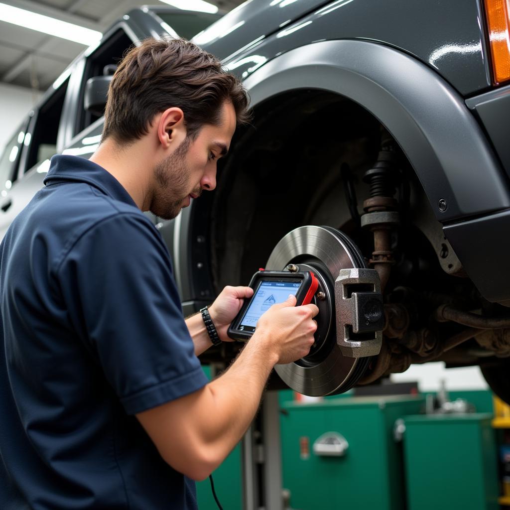 Mechanic diagnosing brake issue on a Land Rover