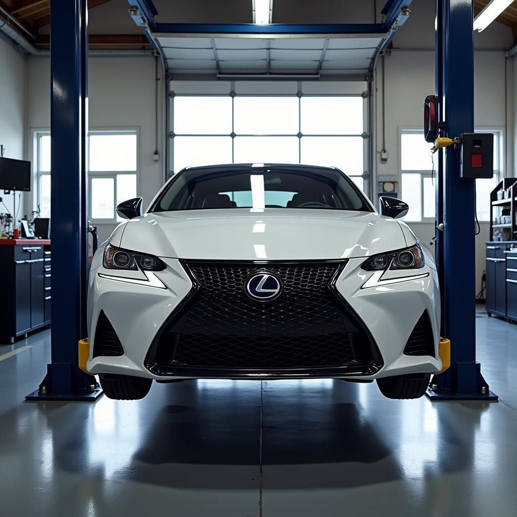 Lexus car being serviced for brake issues in a garage