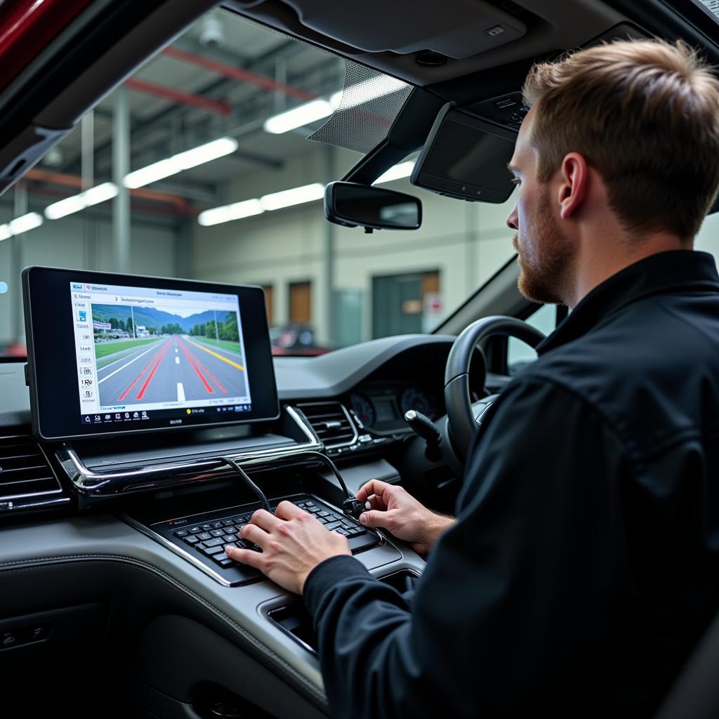 Lincoln Technician Diagnosing Collision Warning System with Diagnostic Tools