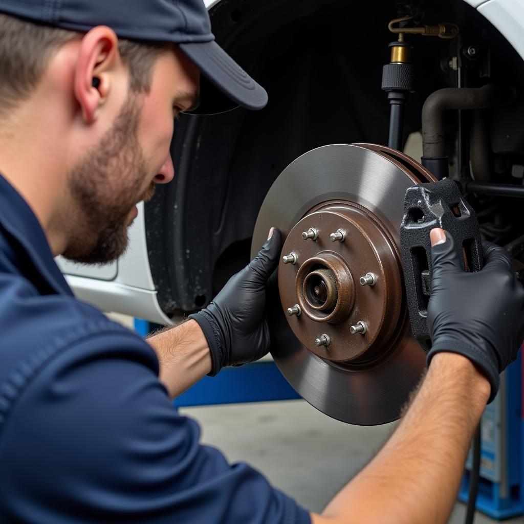 Mechanic replacing brake pads on a Mazda 6