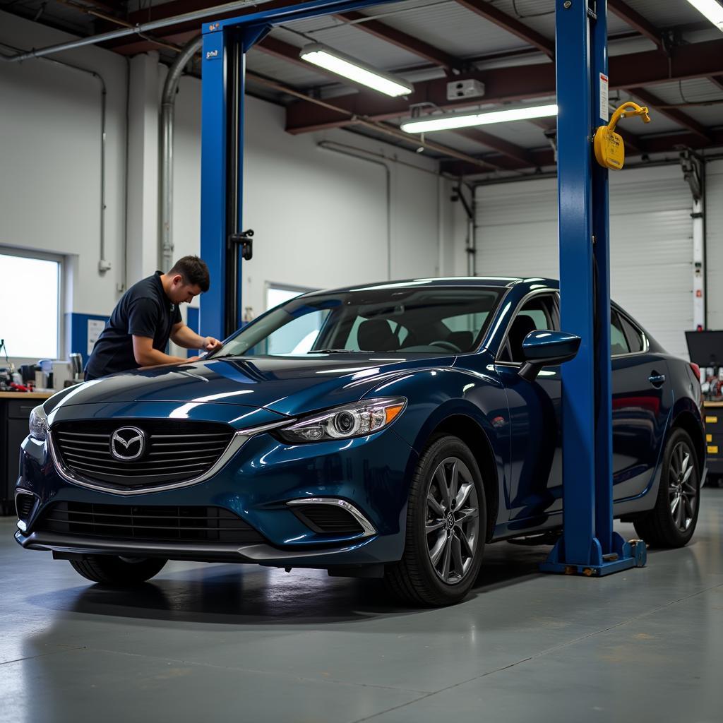 A Mazda 6 undergoing routine maintenance at a repair shop