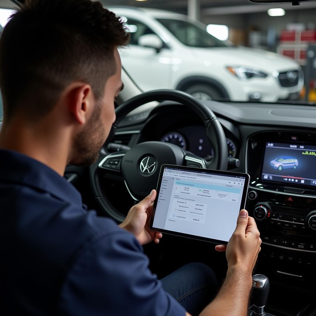 Mechanic Adjusting Car Settings with a Tablet