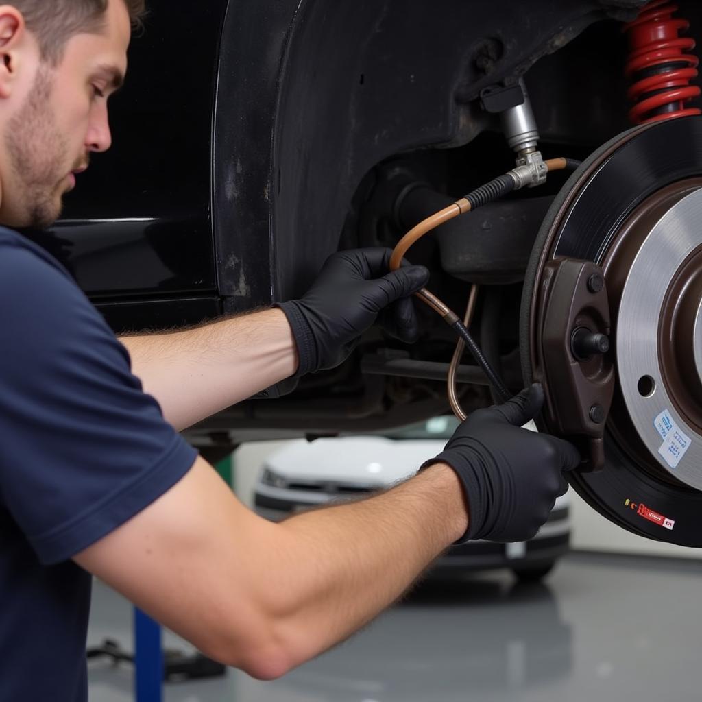 Mechanic inspecting the ABS system components