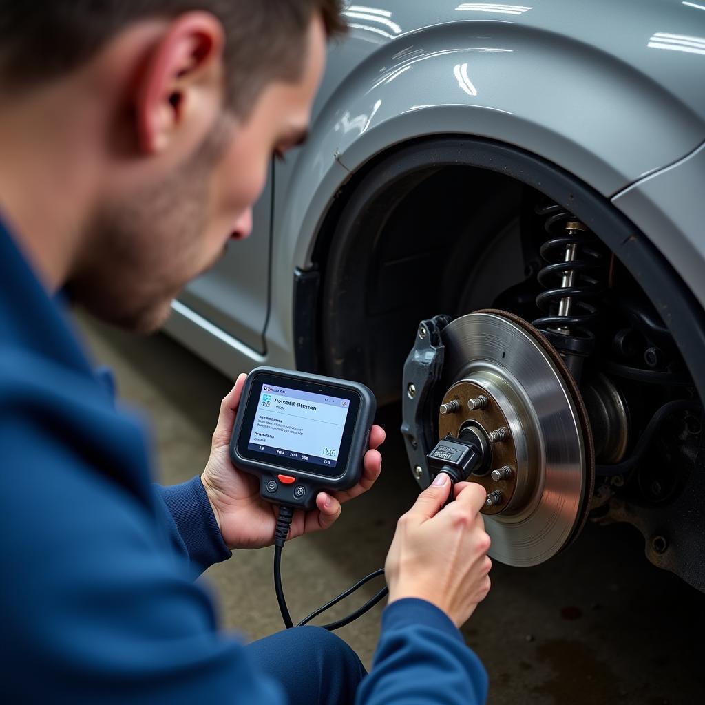 Mechanic Using Diagnostic Tool on Car's Brake System