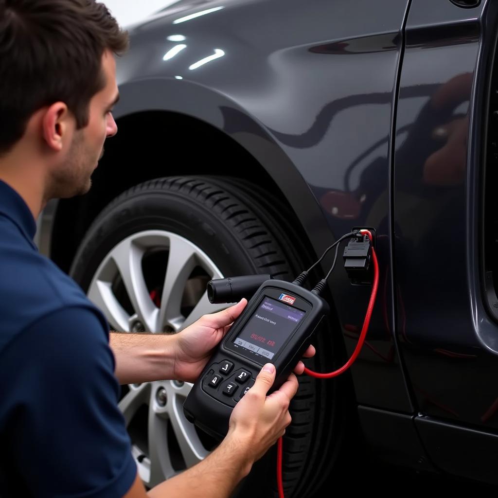 Mechanic Using Diagnostic Tool to Identify Intermittent Brake Warning Light Issue