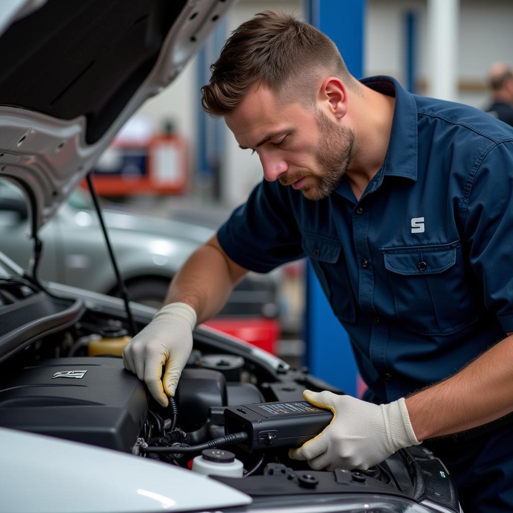 Mechanic Using OBD-II Scanner on Seat Ibiza